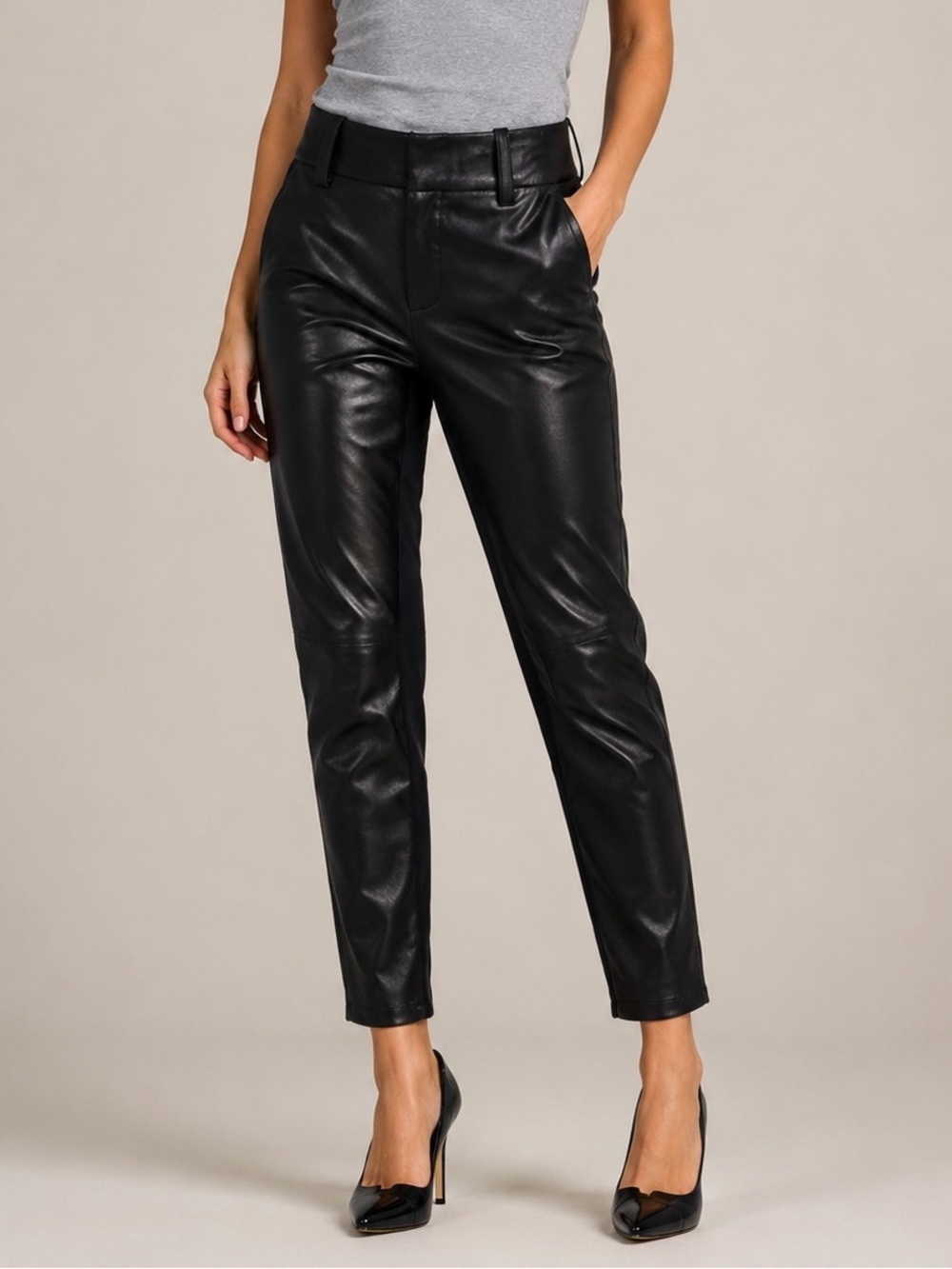 Alice + Olivia Anders Leather Combo Pants Black Lamb Leather Trim Size 8